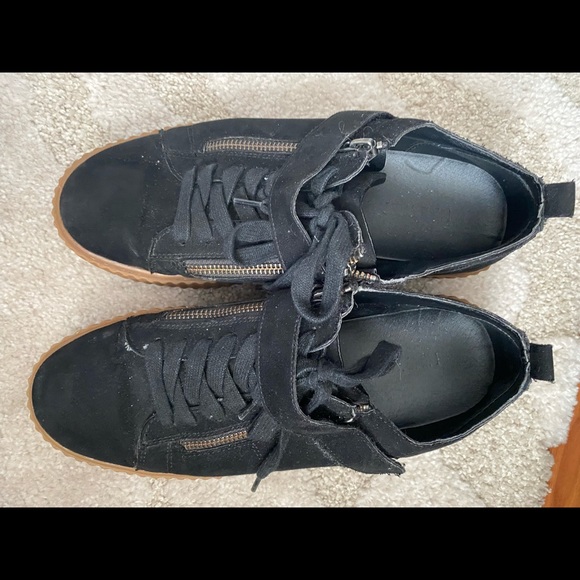 Shoes - Black Chunky Platform Suede Shoes with Velcro Straps and Zippers